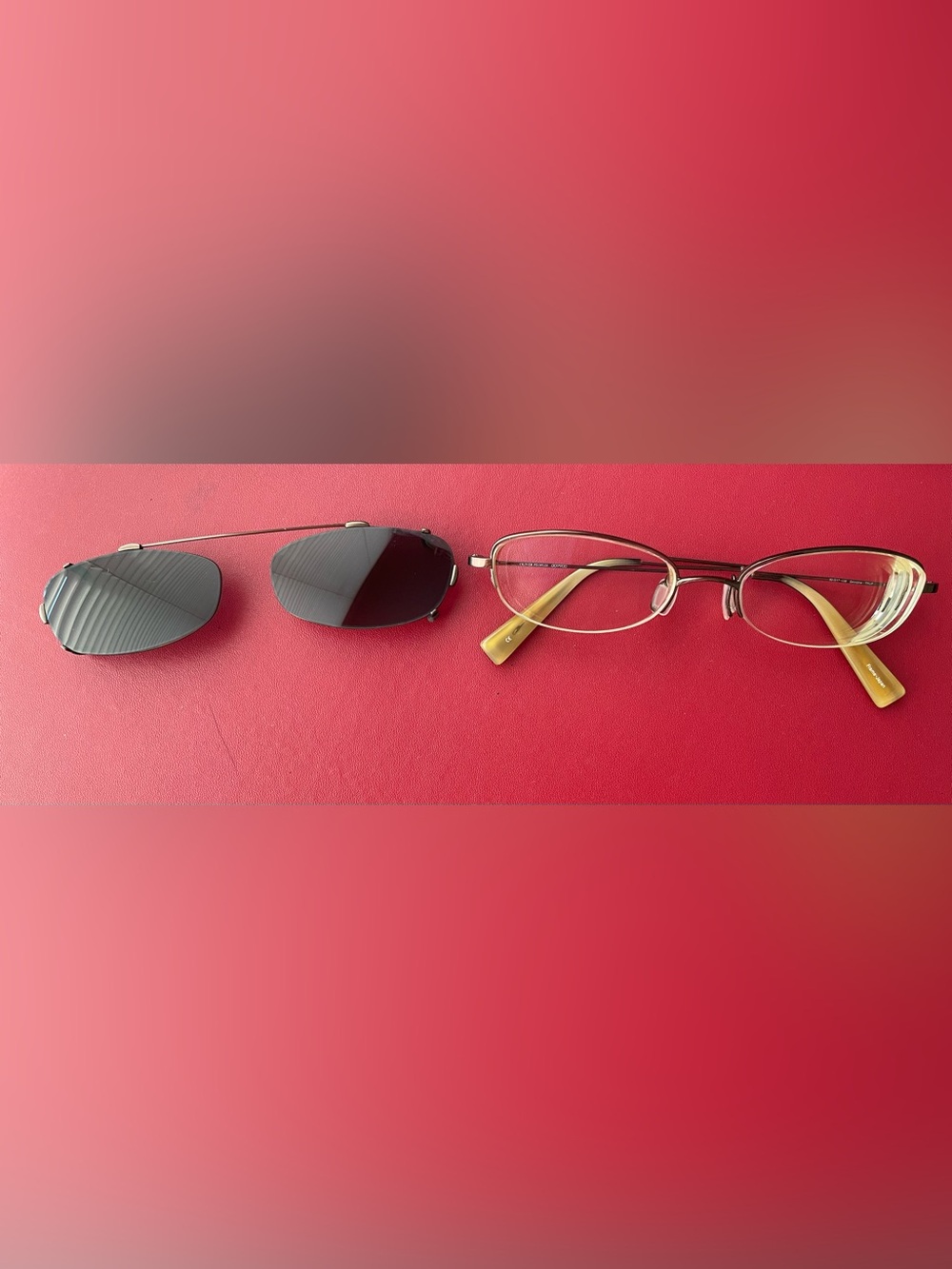 Oliver Peoples Gold Frame Prescription Glasses with Amber Temples &Dark Clip-On